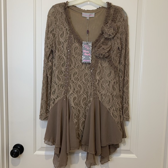 Pretty Angel Tops - Pretty Angel Brown Mocha Small asymmetrical Crystal Lace Fairy Goth Blouse NWT